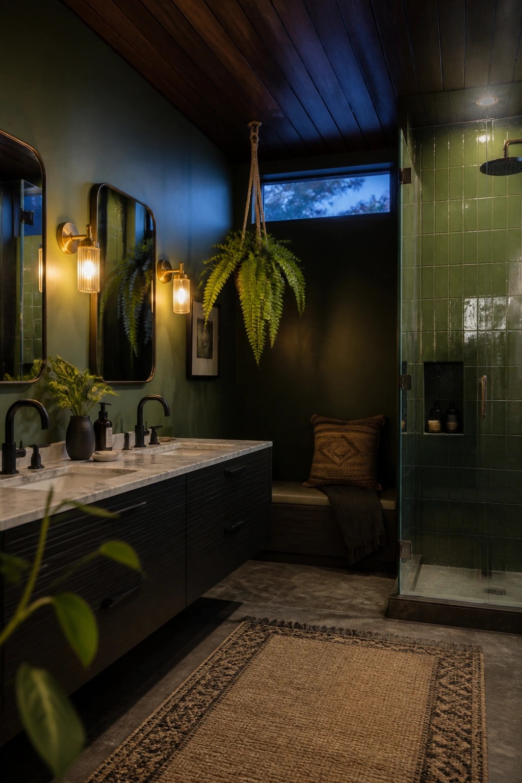 Modern dark green bathroom with double vanity, hanging fern, and tiled shower.