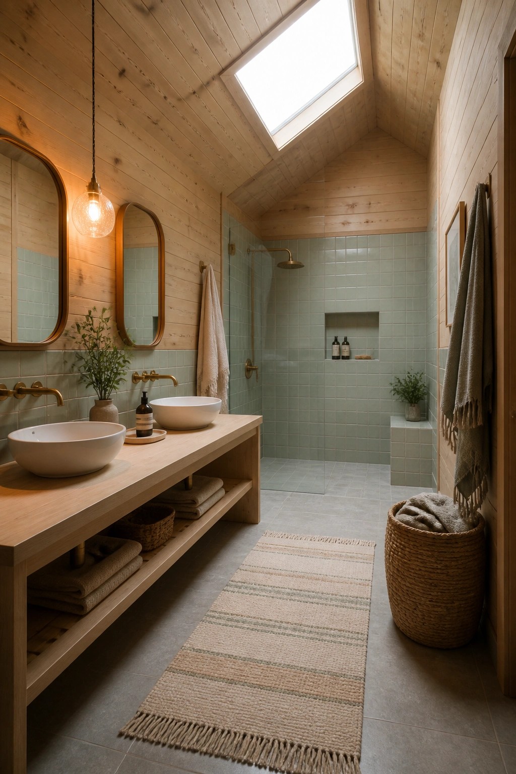 A bathroom interior featuring a light wood plank ceiling with a skylight, two vessel sinks on a wood vanity, and a glass-enclosed shower with sage green tiles.
