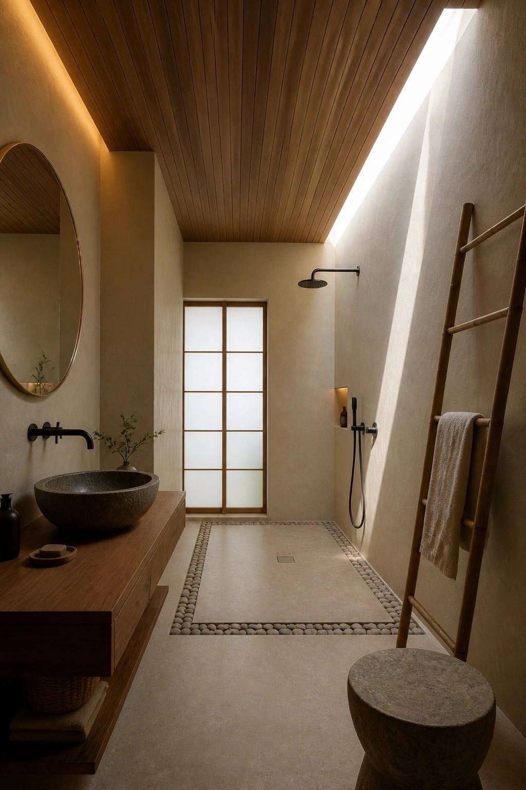 A bathroom with a slatted wood ceiling, a stone vessel sink on a wood vanity, and a shower area lined with pebbles.