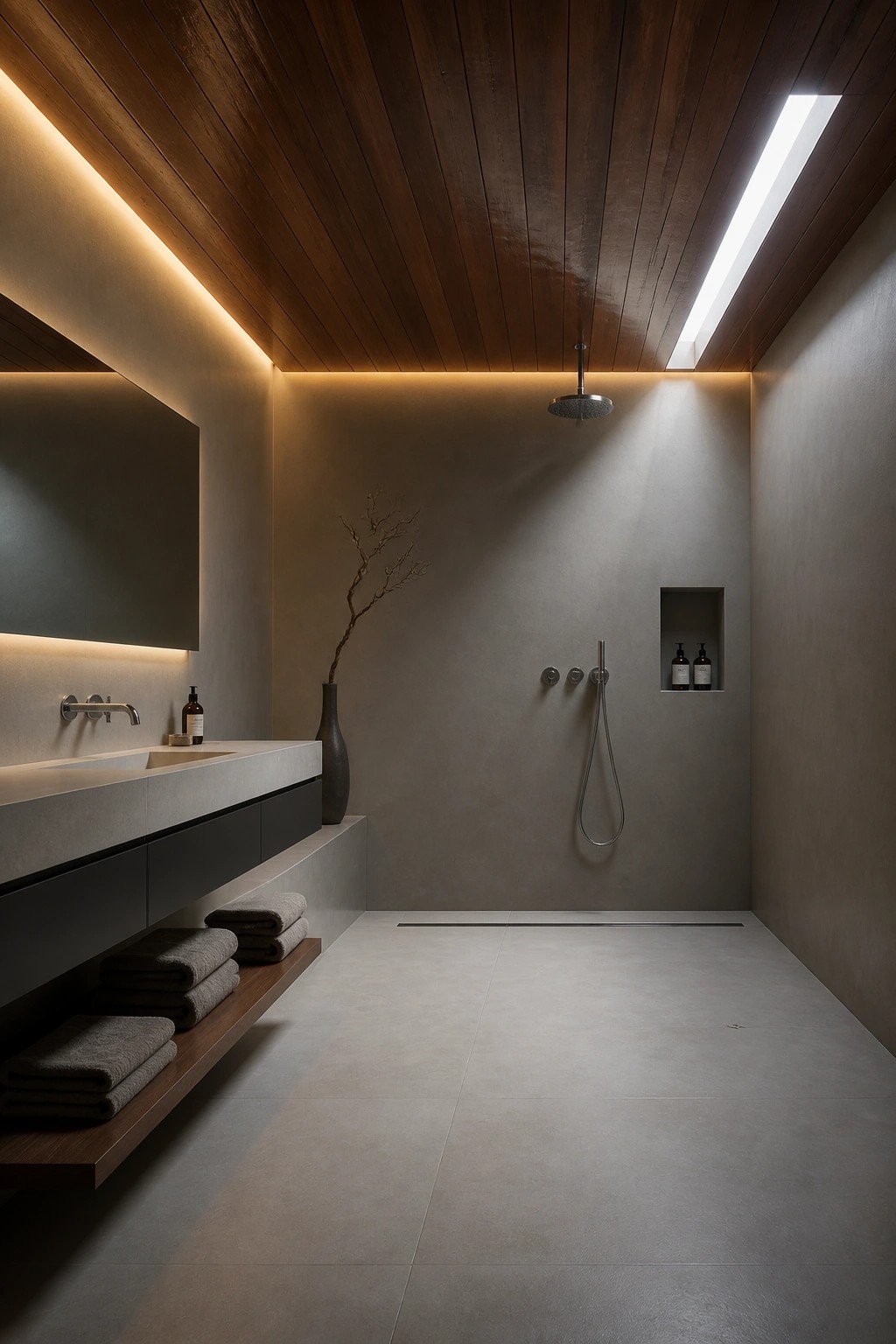 A bathroom with dark wood plank ceiling, integrated linear lighting, concrete walls, floating vanity, and open shower area.