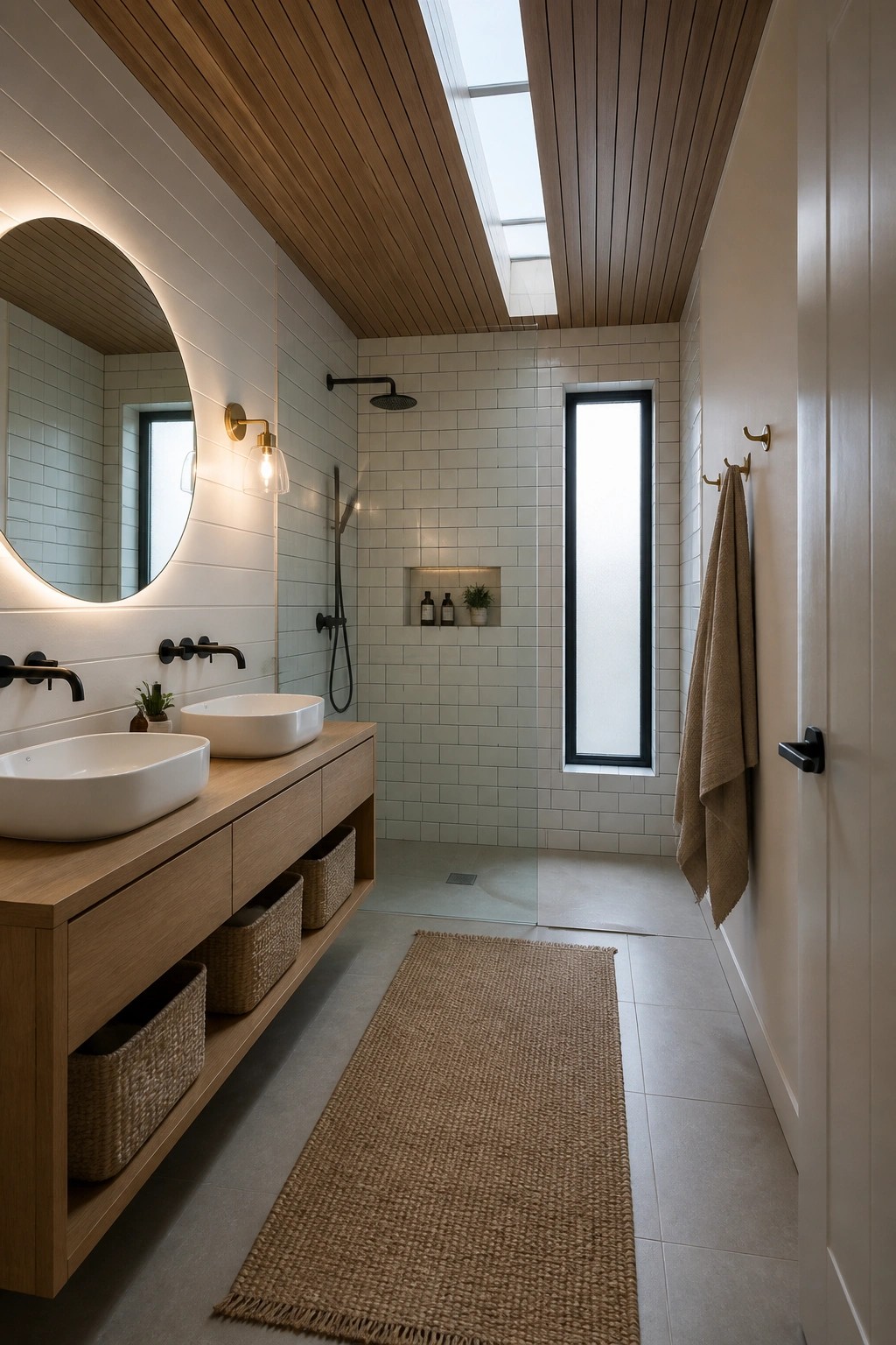 A bathroom with a wood plank ceiling, skylight, white subway tile walls, floating wood vanity with two vessel sinks, and a walk-in shower.