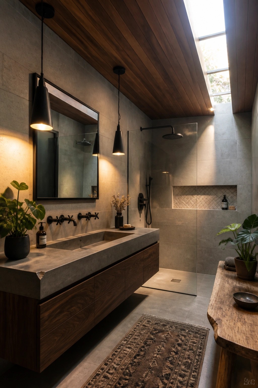 A modern bathroom with a dark wood slatted ceiling, concrete walls, floating wood vanity, and glass shower enclosure.