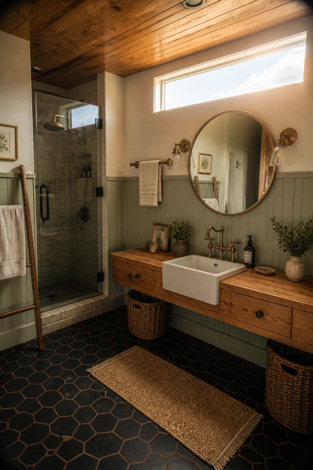 A bathroom interior featuring a wood plank ceiling, a white farmhouse sink on a wooden vanity, a glass shower, and dark hexagonal floor tiles.