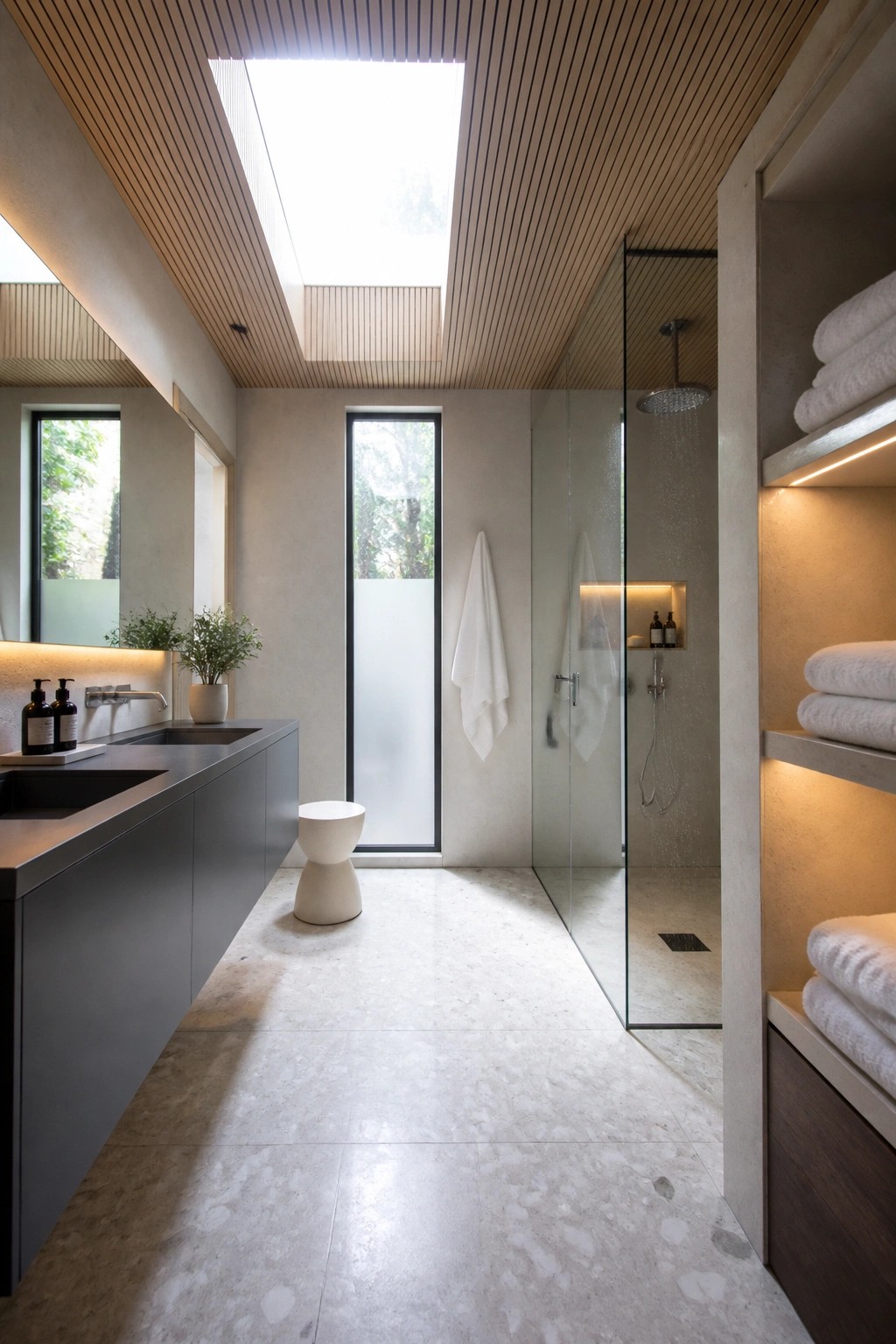 A bathroom interior featuring a slatted wood ceiling with skylights, a glass shower enclosure, concrete walls, and a long dark vanity with two sinks.