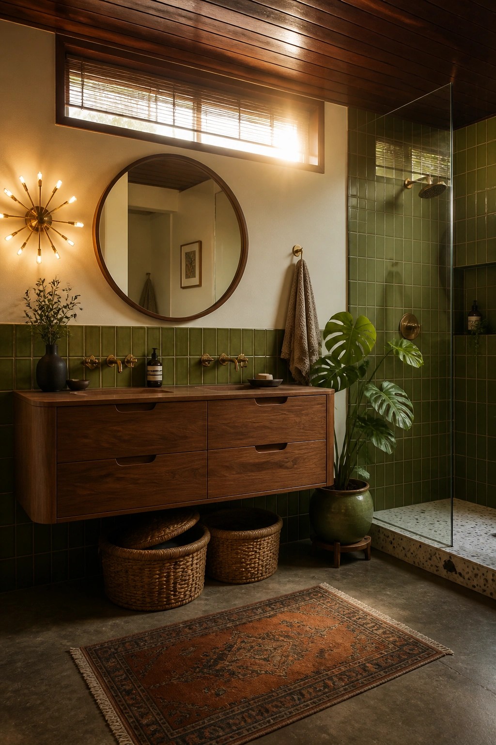 A bathroom with a dark wood plank ceiling above a floating wood vanity, round mirror, and green tiled shower.