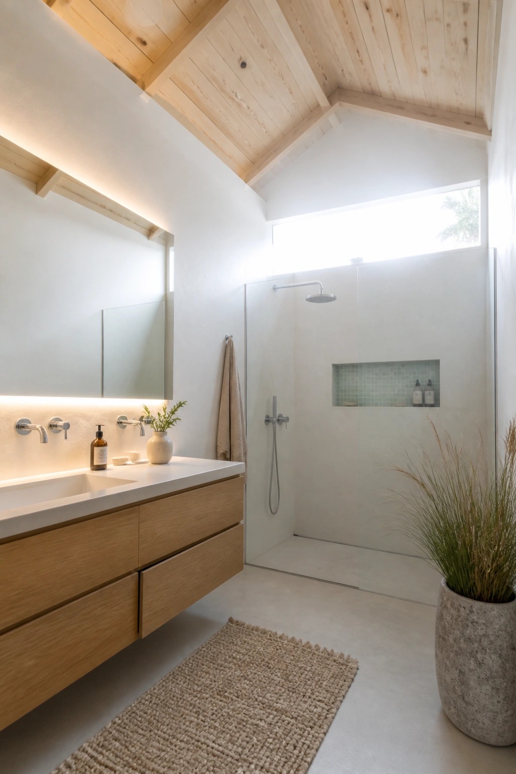 A bathroom with a vaulted light wood ceiling, floating oak vanity, white walls, and a glass shower enclosure.