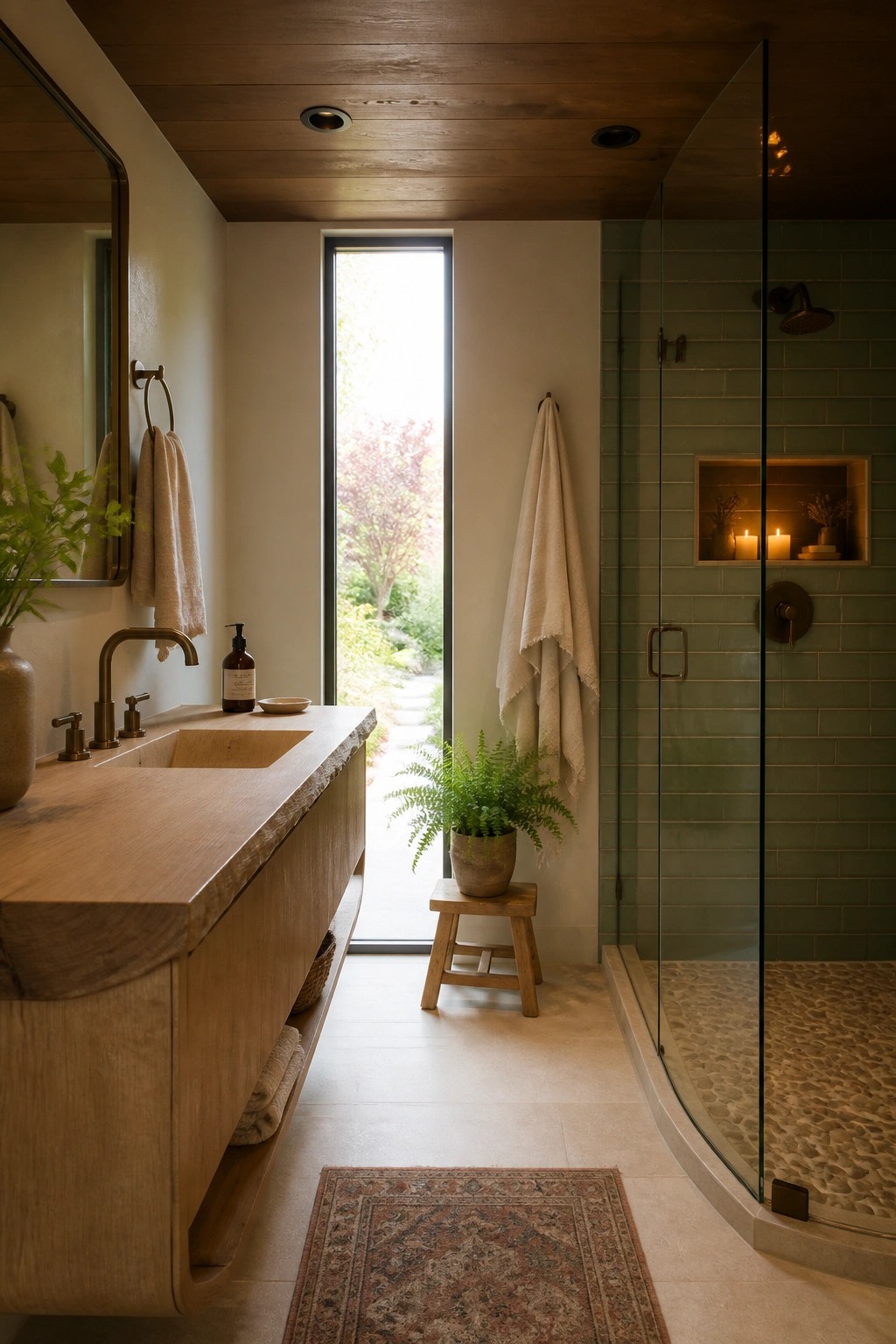 A bathroom with a wood plank ceiling, floating wood vanity, tall window, and glass shower with green tile.