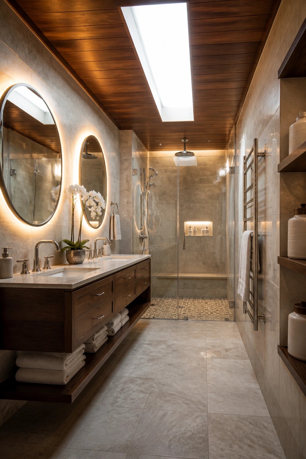 A bathroom with a dark wood plank ceiling, skylight, glass shower enclosure, and floating wood vanity with round backlit mirrors.