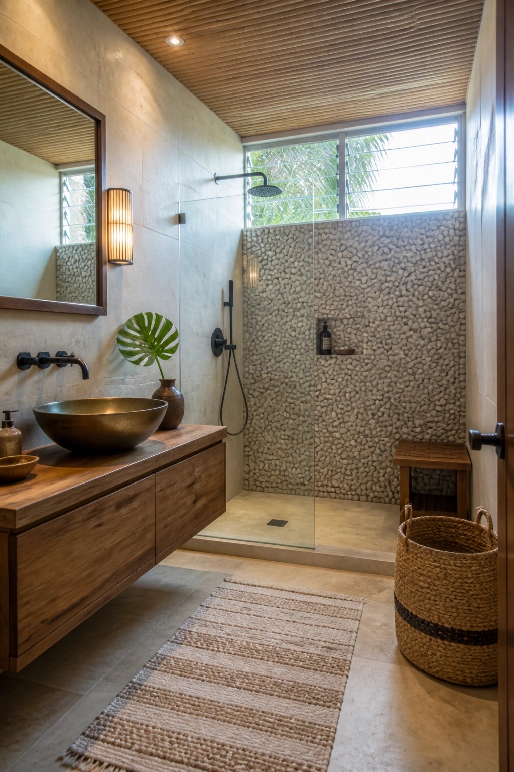 Modern bathroom with wood vanity, bronze sink, pebble shower, and woven rug