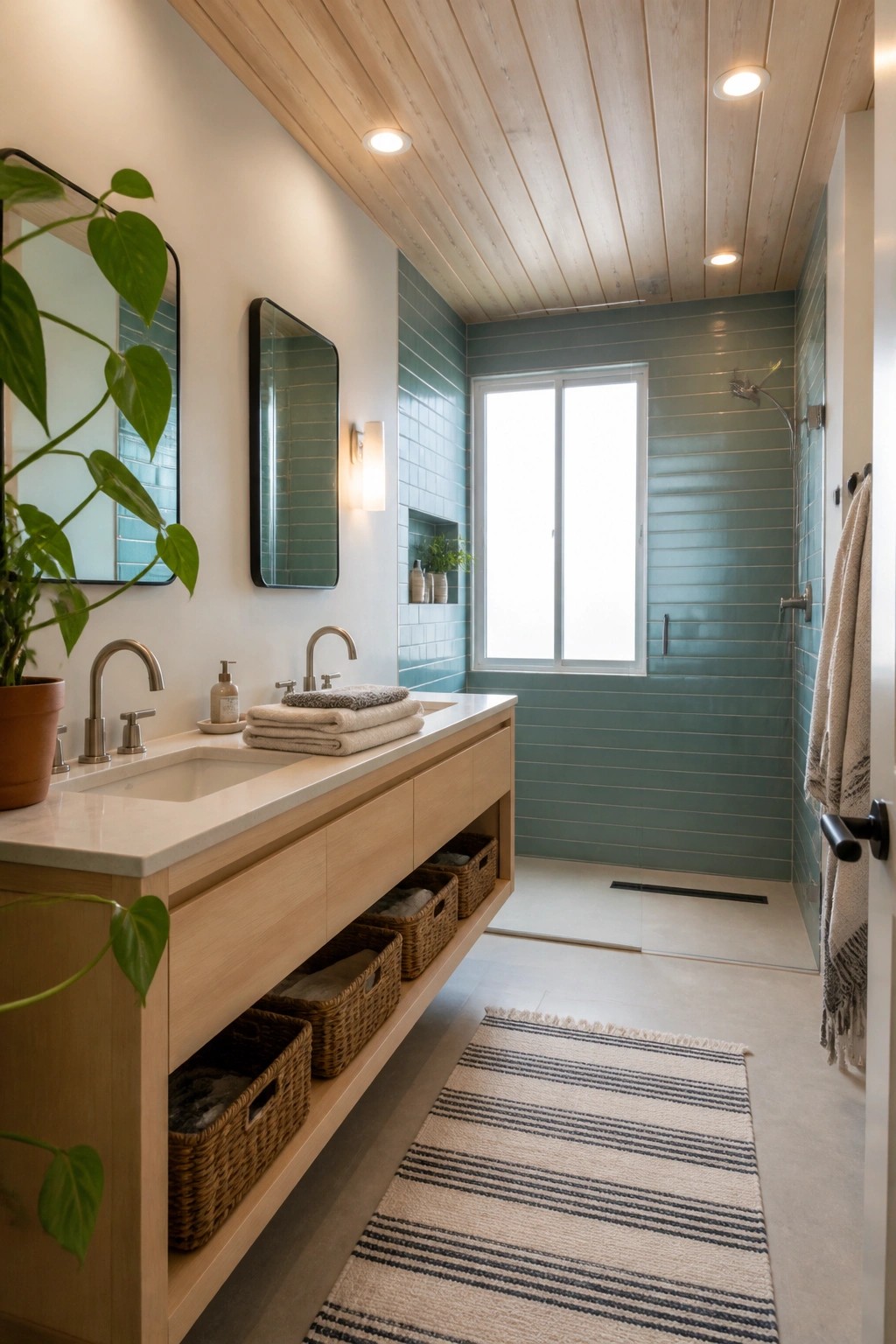 A bathroom with light wood plank ceiling, floating wood vanity, teal subway tile walls, and a striped rug on the floor.