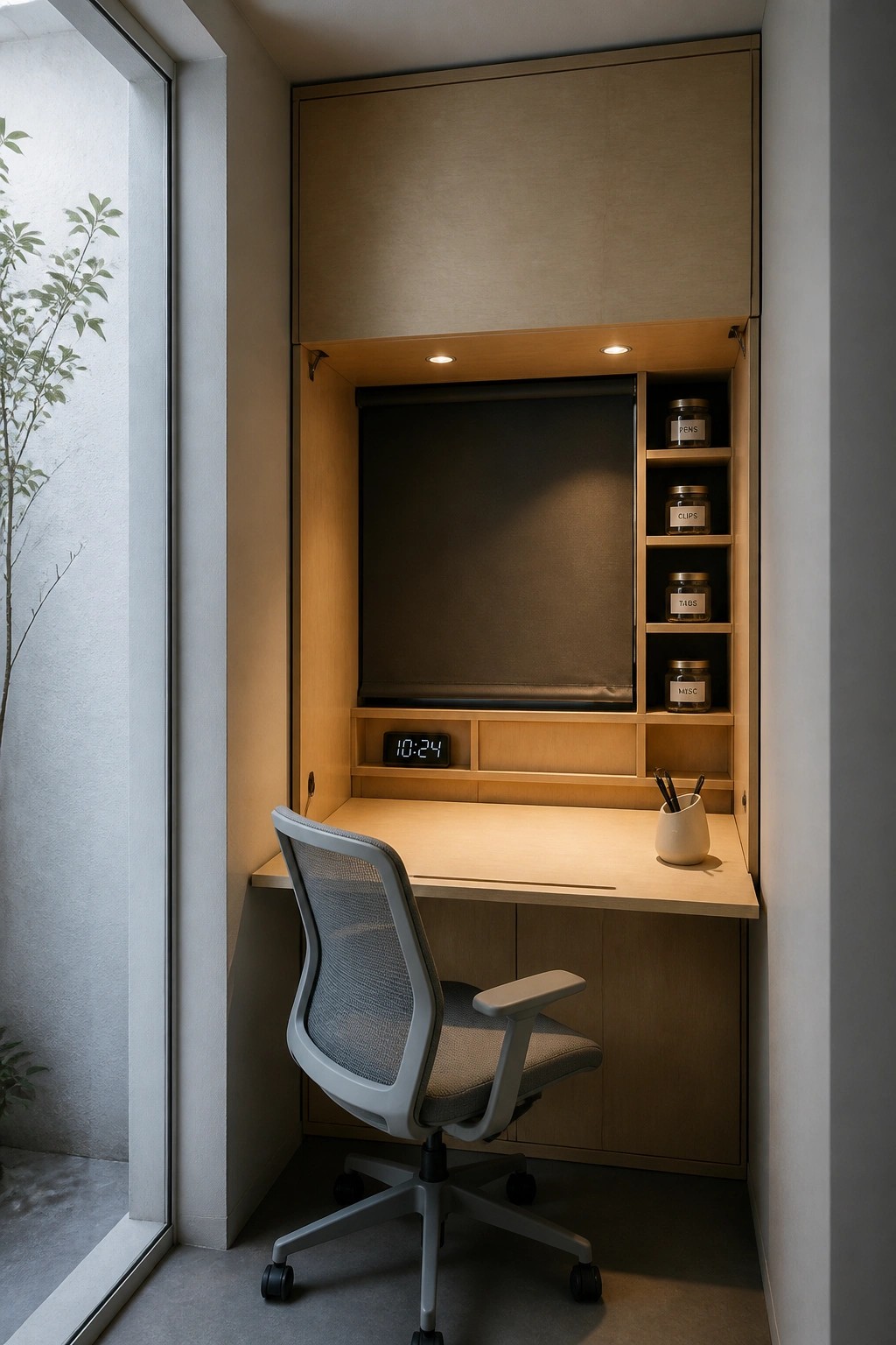 A compact home office nook with light wood built-in cabinetry, a pull-down desk surface, an office chair, and small labeled shelves on the right side.