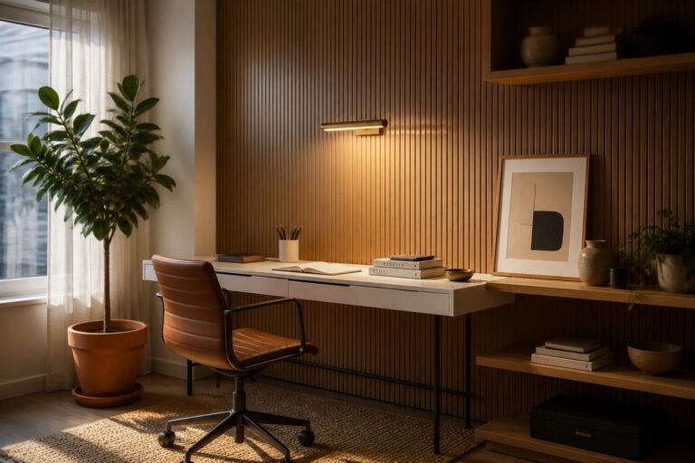A home office with a white desk against a vertical wood slat wall, a brown leather office chair on a woven rug, and built-in shelves holding books and pottery.