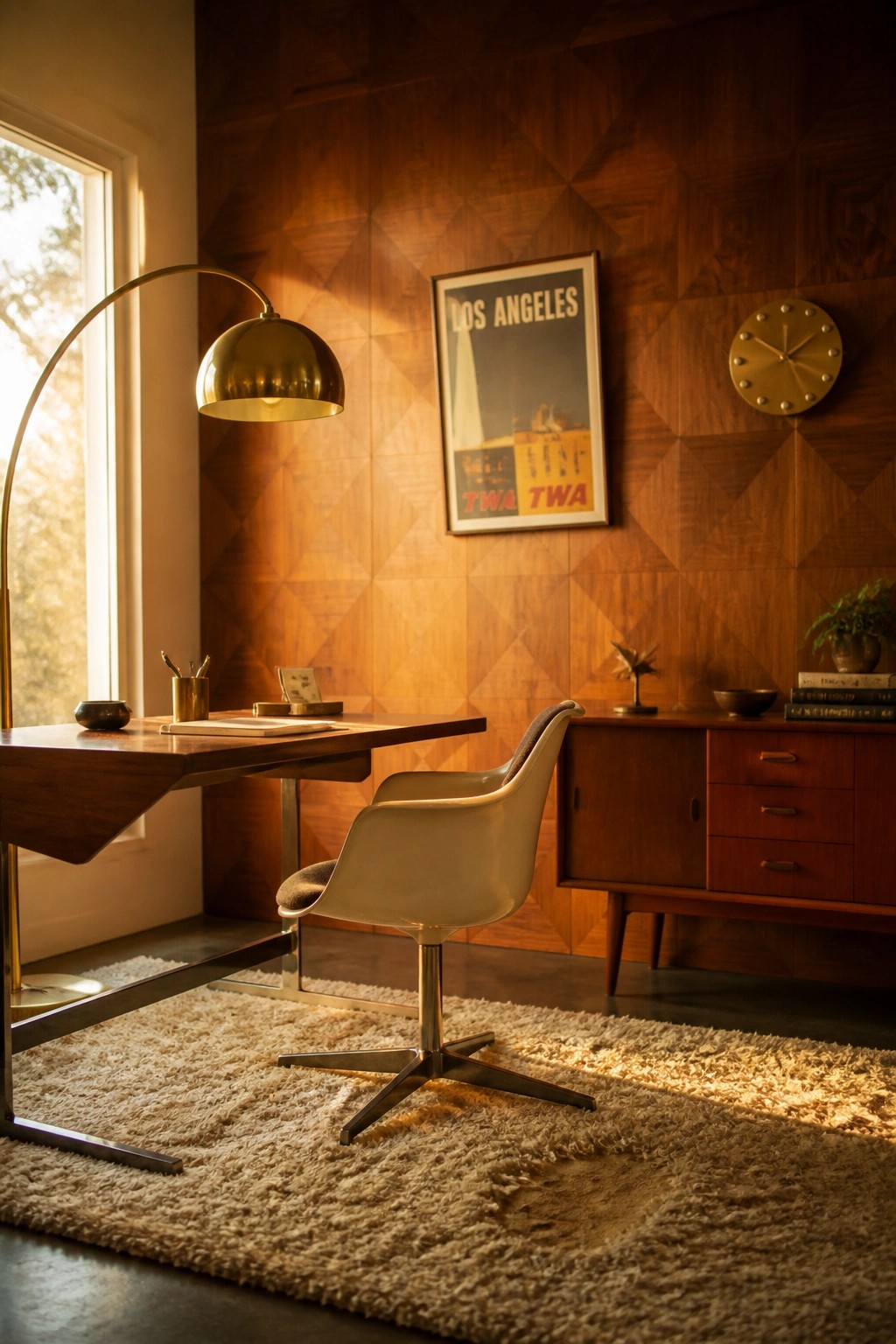 A home office with a geometric wood-paneled accent wall, a wooden desk, a swivel chair on a shag rug, and a framed Los Angeles poster.
