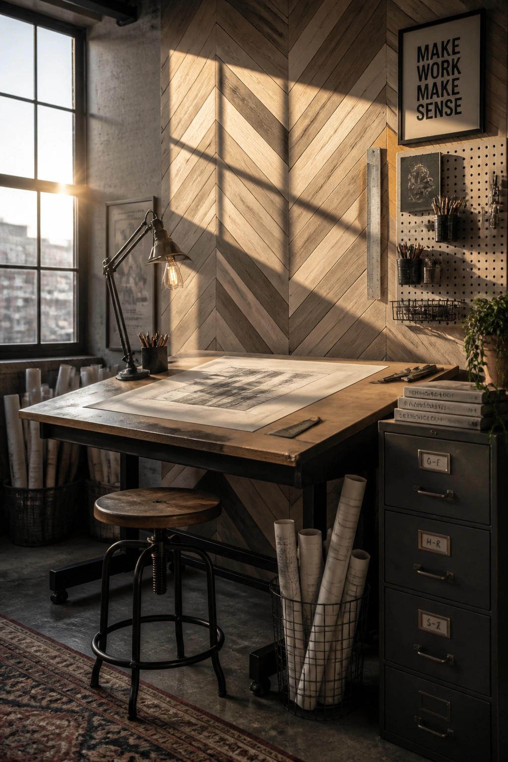 A home office features a large wooden desk against a wall with herringbone wood paneling, a stool in front, rolled blueprints in a basket, and sunlight streaming through a nearby window.