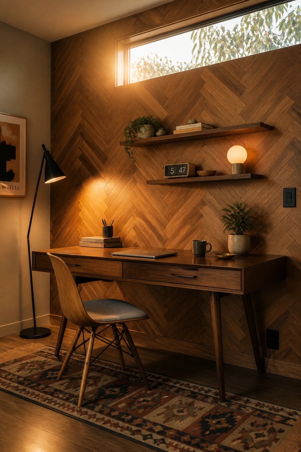 A home office featuring a wooden desk and chair against a herringbone wood accent wall with floating shelves and a window above.