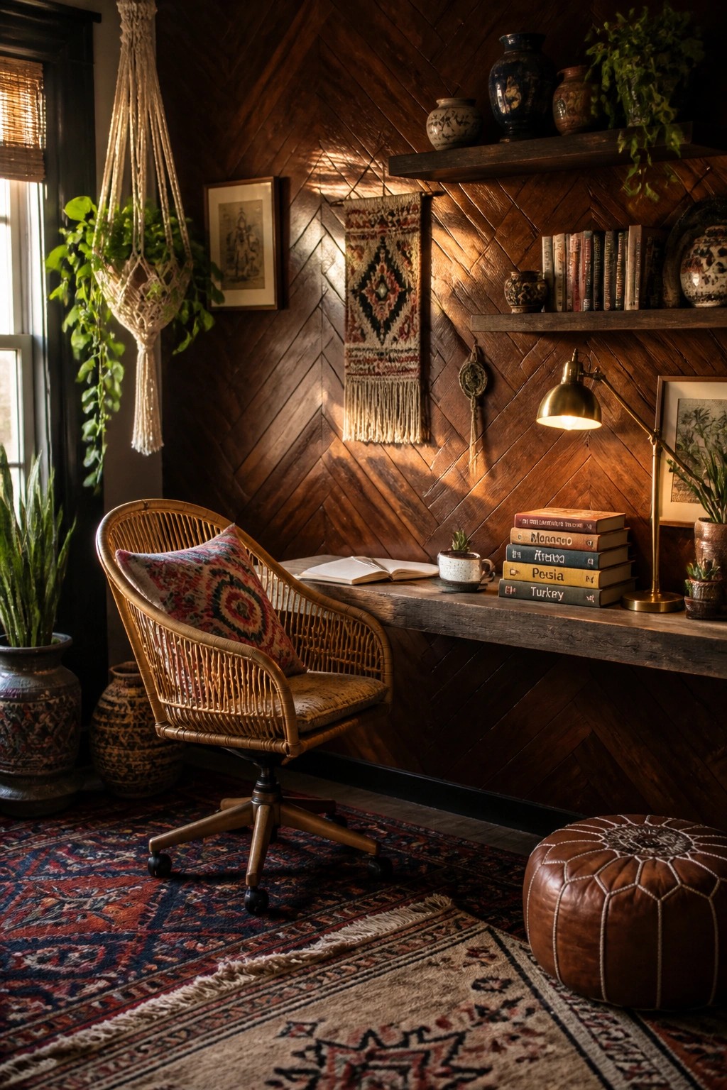 A home office with a dark herringbone wood accent wall, a woven swivel chair with a patterned cushion, a wooden desk, floating shelves with books, and a leather pouf on layered rugs.