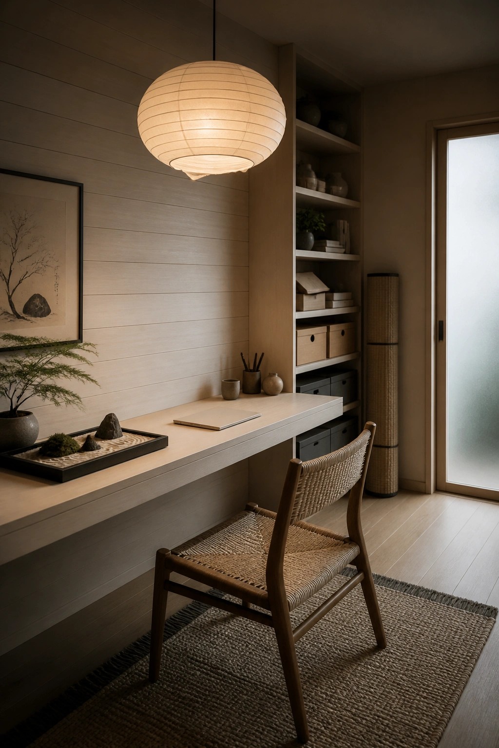 A home office corner with light horizontal wood paneling, a floating desk, woven chair on a rug, built-in shelves, and a hanging paper lantern.