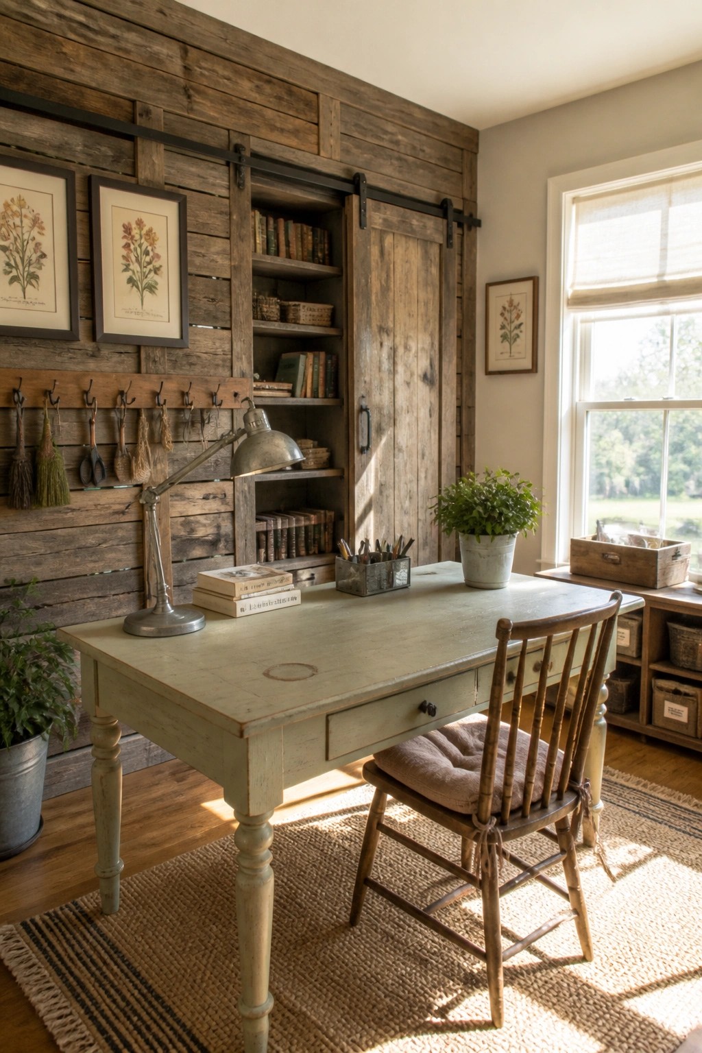 A home office featuring a light green wooden desk, a spindle chair, and a wall clad in horizontal reclaimed wood planks with a sliding barn door cabinet.