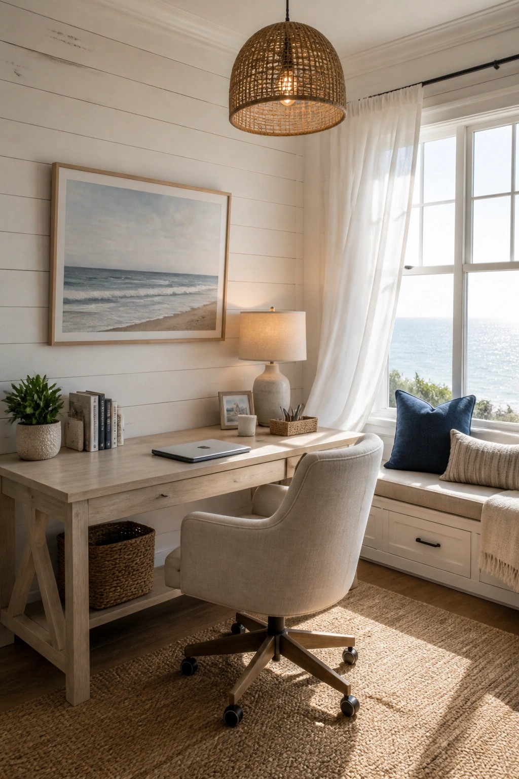 A home office featuring white horizontal wood plank walls, a light wood desk with a laptop, a beige swivel chair, and a large window with white curtains overlooking the ocean.