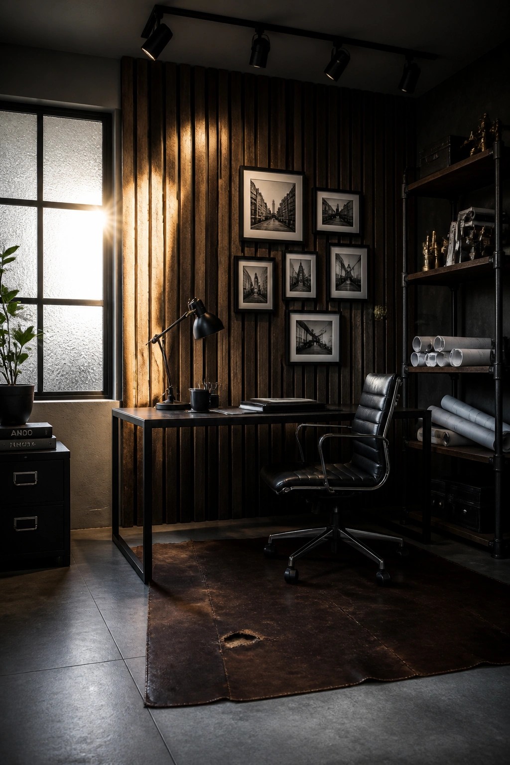 A home office with vertical dark wood slat walls, a black desk, leather swivel chair, and large window on the left side.