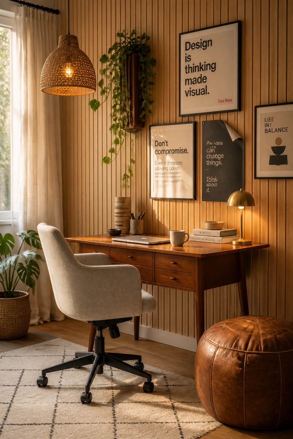 Cozy wooden home office with beige chair, woven lamp, plants, and quote posters.