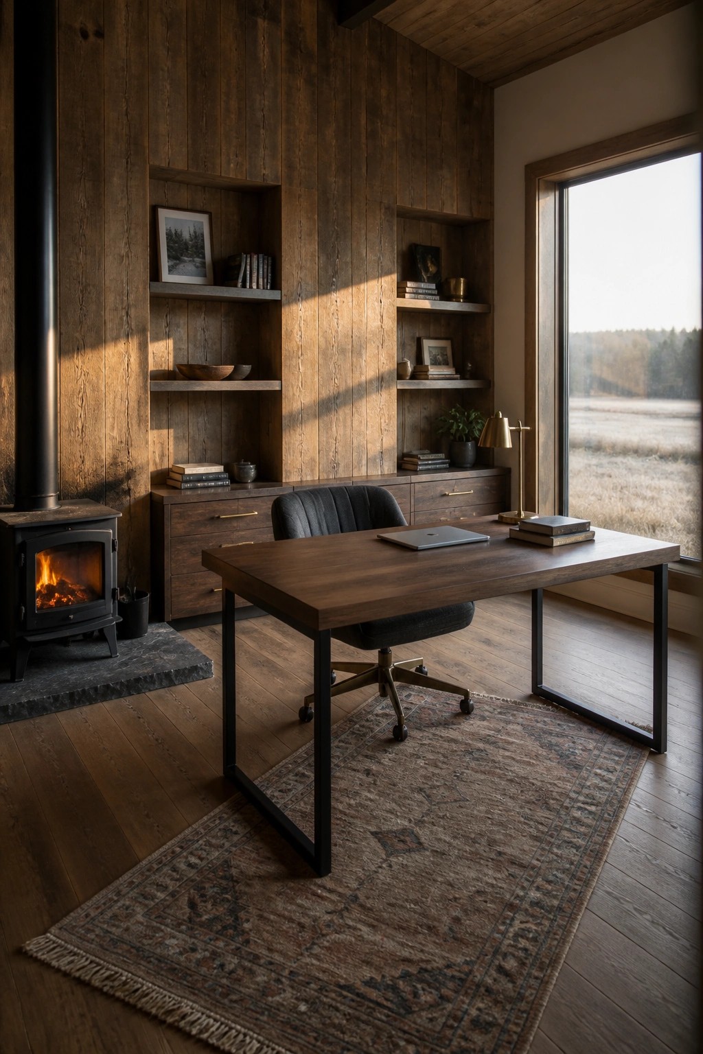 A home office featuring vertical dark wood paneling on the walls, built-in shelves, a wooden desk with a laptop, and a black wood-burning stove on the left.