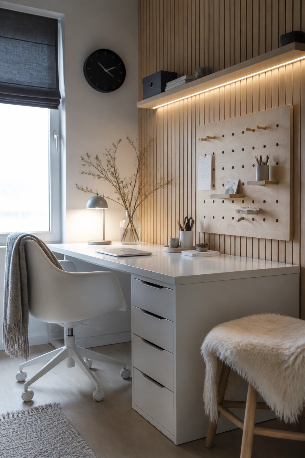A home office with a white desk, office chair, and light wood slat accent wall that includes a pegboard and under-shelf lighting.