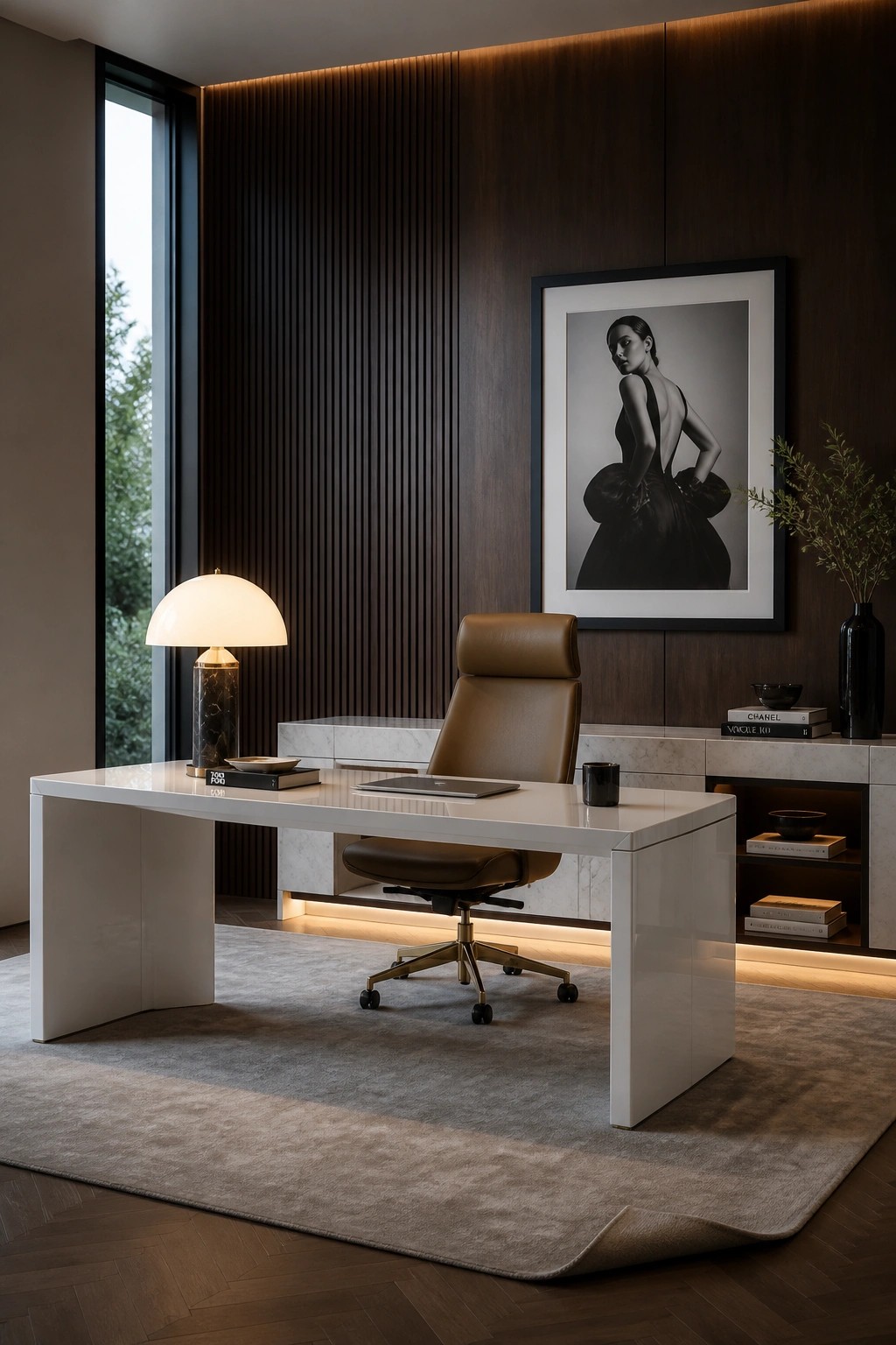 A home office with a white desk, brown leather office chair, and a large framed black and white photo on a dark vertical wood slat wall.
