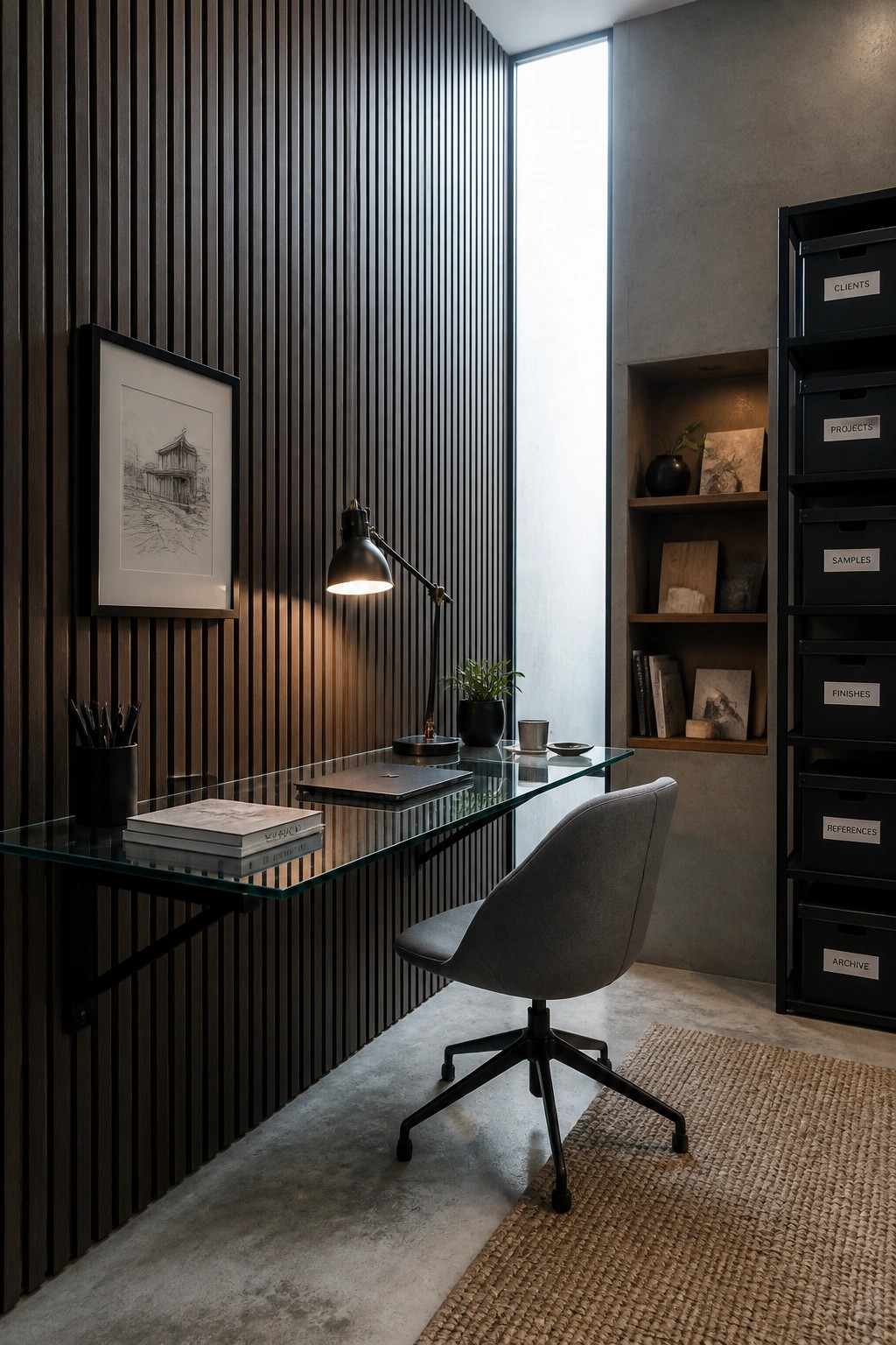 A home office with a vertical wood slat wall, a glass desk, gray office chair, and black storage unit on the right.