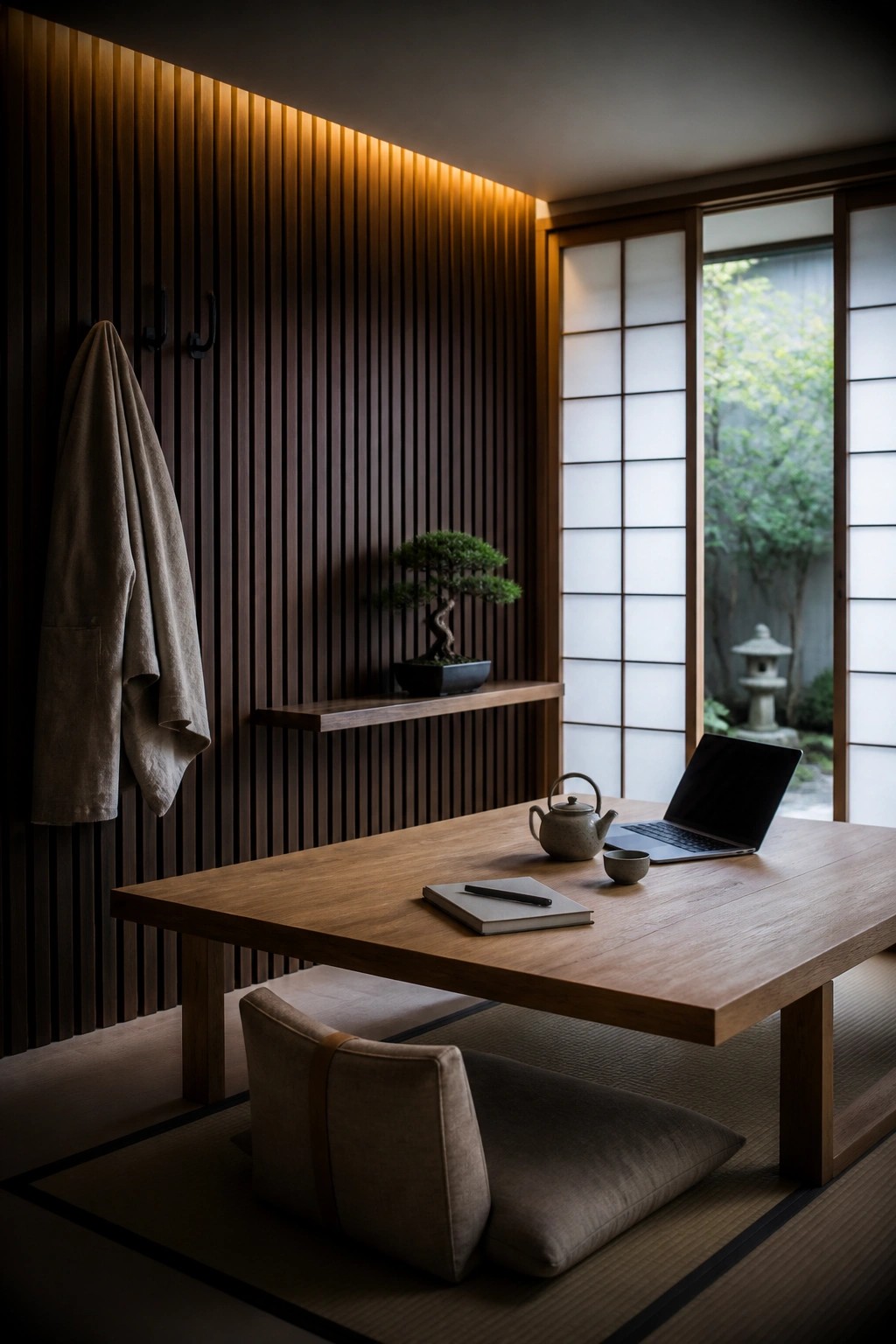 A home office with a low wooden table on tatami mats, a laptop, and a vertical wood slat wall with backlighting and a small bonsai on a shelf.