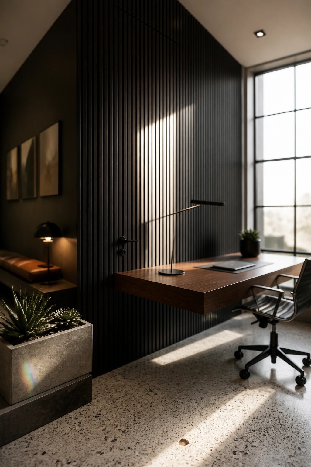 Minimalist modern office with floating wooden desk, black chair, and sunlit slatted wall