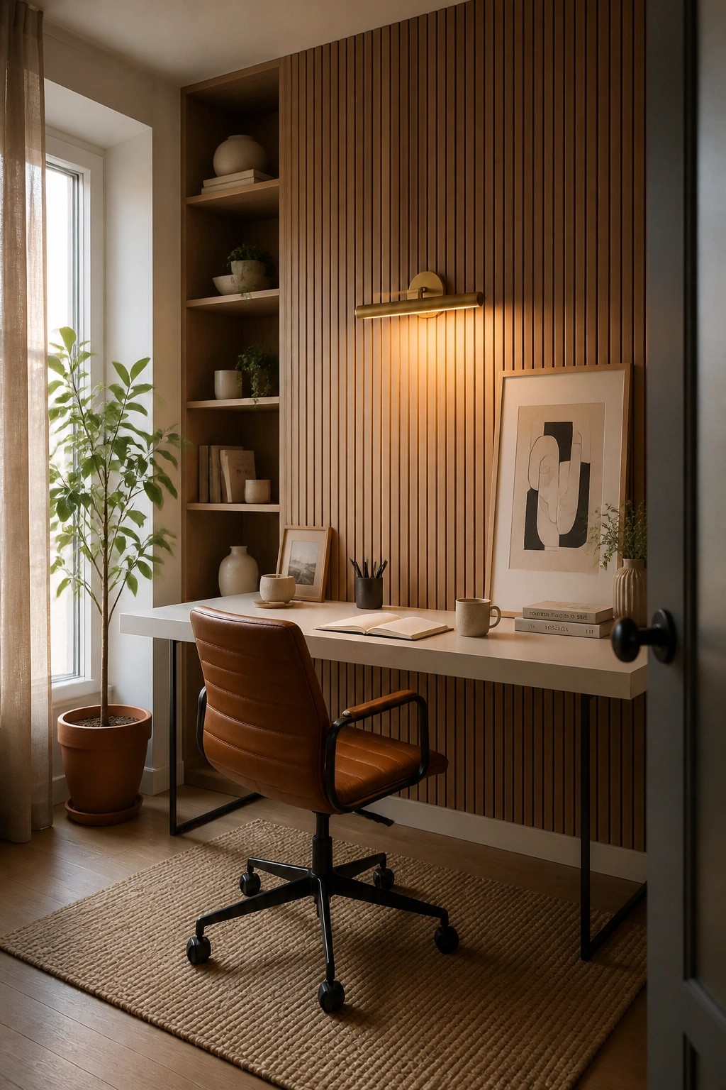 A home office with a white desk against a vertical wood slat wall, a brown leather office chair on a woven rug, and built-in shelves holding books and pottery.