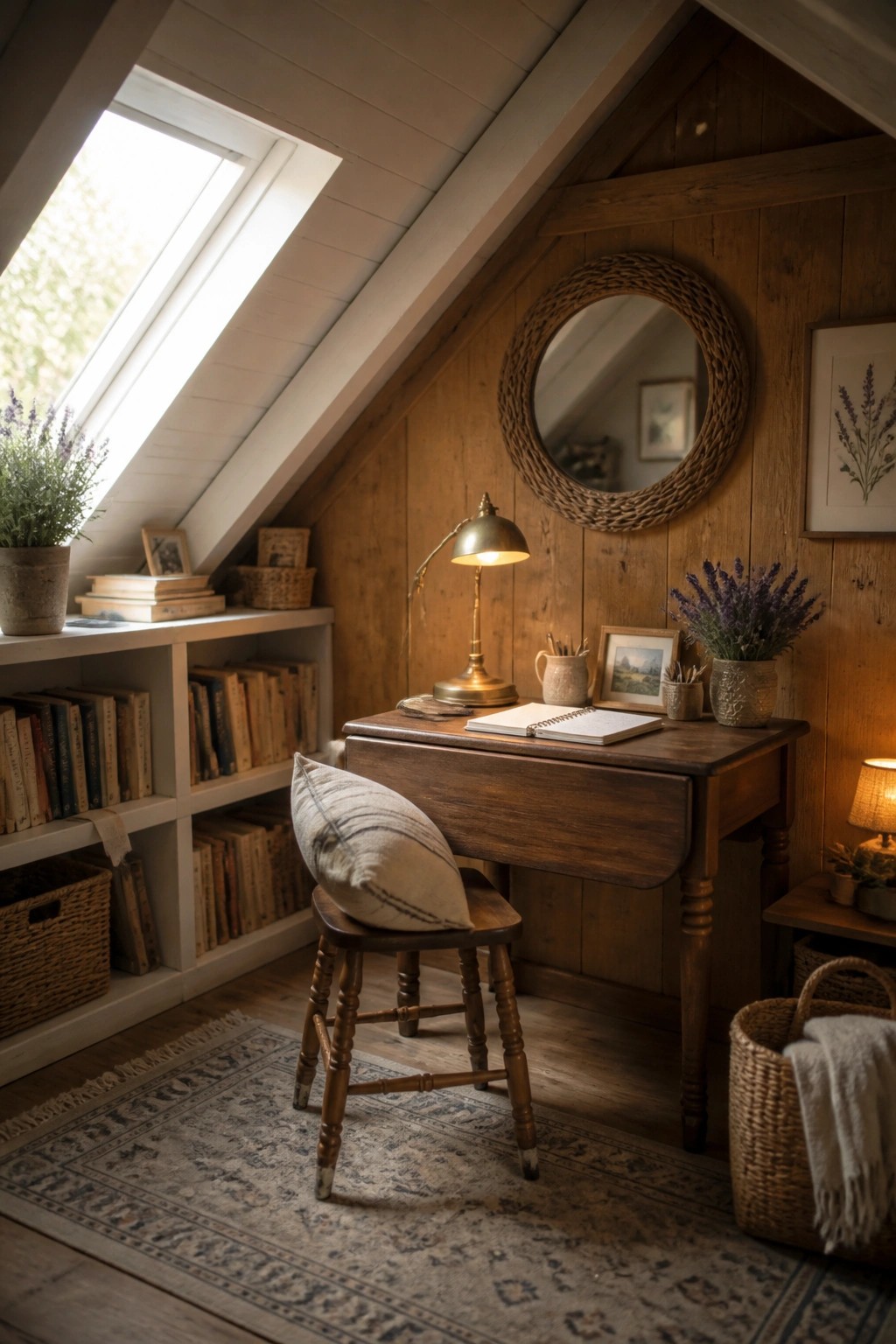 An attic home office with wood-paneled walls, a wooden desk, a stool with a pillow, bookshelves, and a round mirror on the wall.