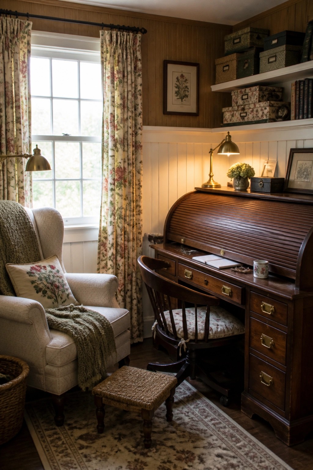 A home office featuring wood paneled walls, a roll top desk with a wooden chair, and an armchair beside a window with floral curtains.