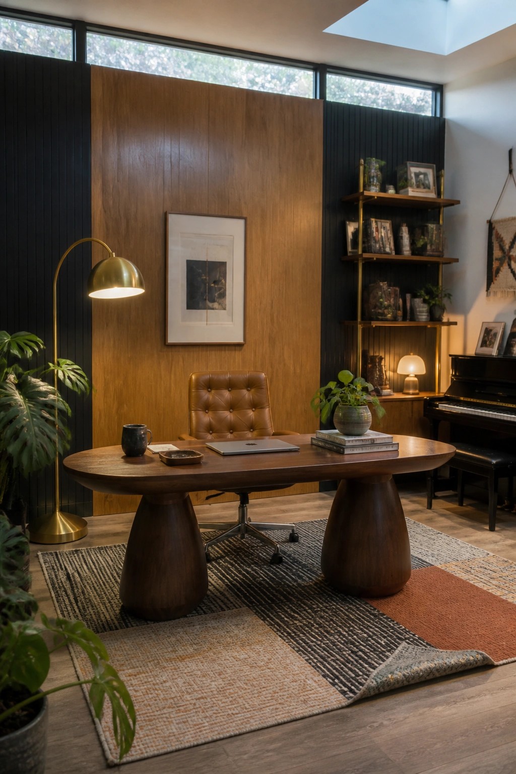 A home office with a large wooden desk on a patterned rug, a brown leather chair, and a tall wood-paneled accent wall with a framed picture and brass floor lamp.