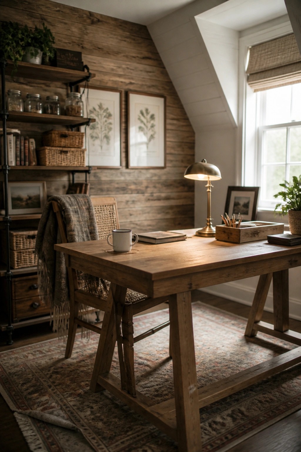 A home office features horizontal wood plank walls, a wooden desk with a lamp and mug, and a window letting in natural light.
