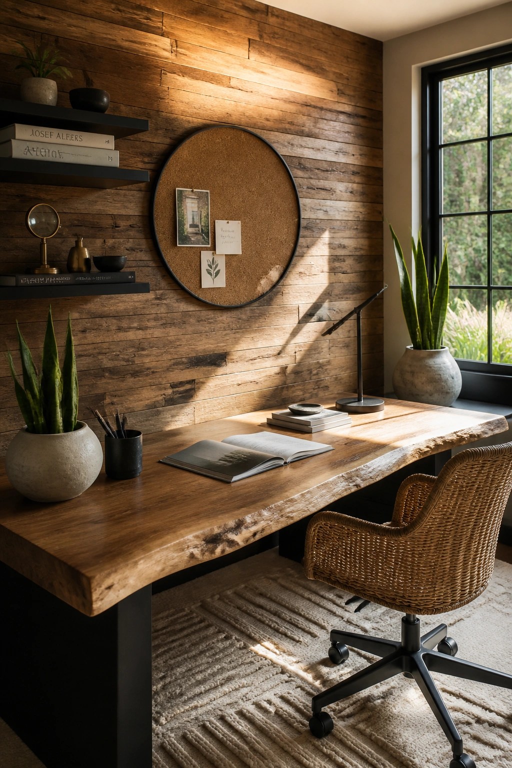 A home office with a horizontal wood plank accent wall, a live-edge wooden desk, a woven office chair, and potted plants.