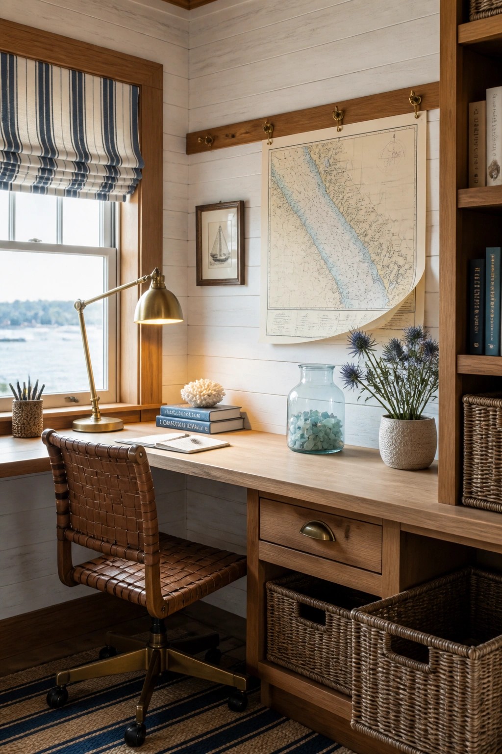 A home office with a wooden desk, leather chair, brass lamp, and a large map hanging from a wooden rail on white shiplap walls.