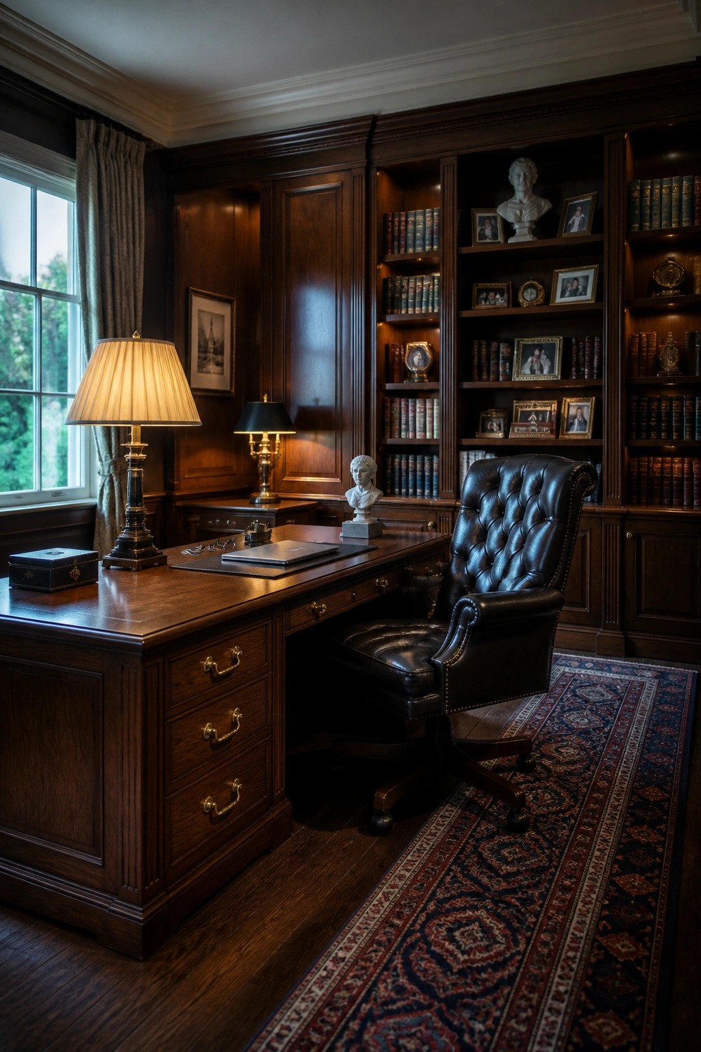 A home office featuring dark wood paneled walls with built-in bookshelves, a large wooden desk, a leather office chair, and a patterned rug.