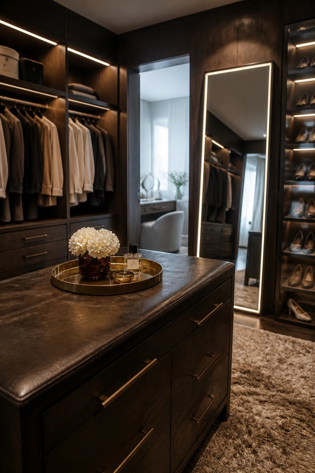 A walk-in closet with dark wood wall cladding, built-in shelves, hanging rods, drawers, a central island dresser, and a tall illuminated mirror.