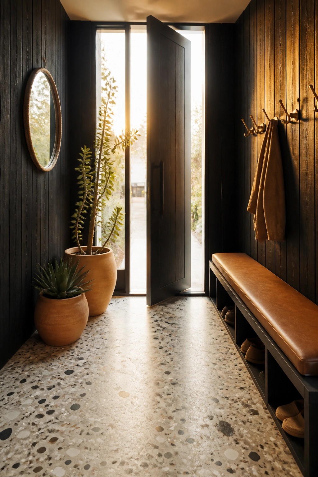 A narrow interior hallway with dark vertical wood paneling on the walls, a brown upholstered bench with open storage cubbies below, two terracotta pots with plants, and an open black door leading outside to a bright exterior.