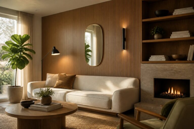 24 Sophisticated Wood Wall Cladding Ideas for Contemporary Homes A contemporary living room featuring a light-colored sofa against a vertical wood slat accent wall with an oval mirror, built-in shelves, and a round coffee table on a woven rug.