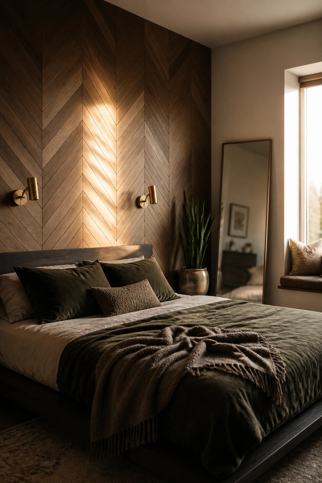 A bedroom with a dark herringbone wood accent wall behind a bed dressed in olive green and beige linens, flanked by two brass wall sconces.