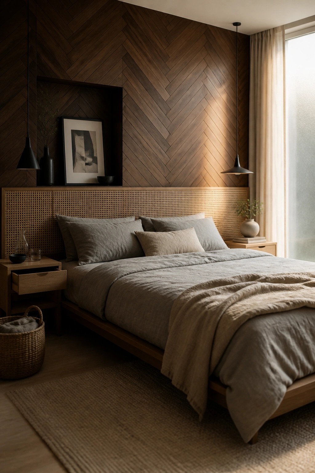 A modern bedroom featuring a wooden platform bed with gray and beige linens against a full herringbone wood accent wall that includes a recessed niche with artwork and two black pendant lights.