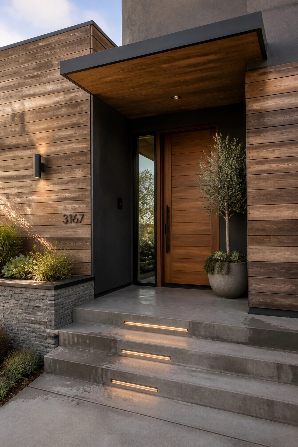 Modern house entrance featuring horizontal wood cladding on exterior walls, a wooden front door, concrete steps with inset lighting, and a large potted plant beside the doorway.