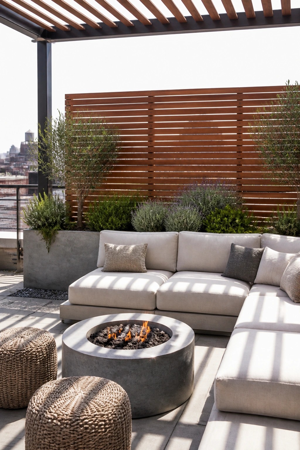 An outdoor rooftop patio features a light sectional sofa around a round concrete fire pit, with a horizontal wood slat screen and green planters behind it.