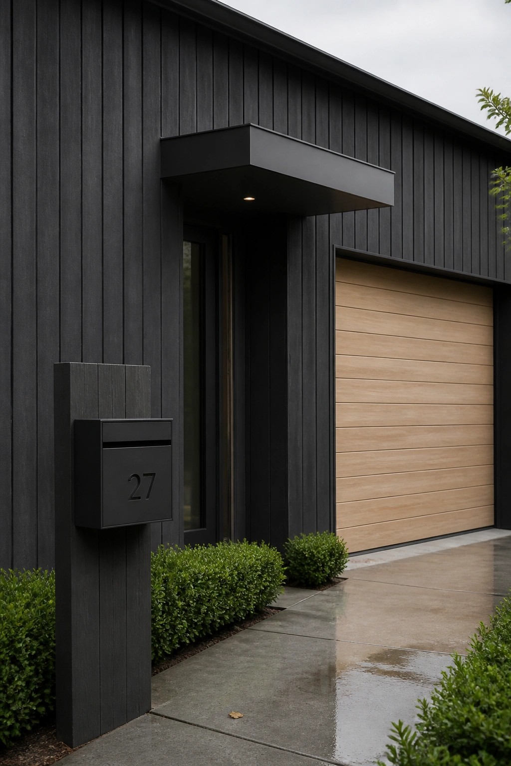 A modern house exterior with dark vertical wood cladding, a light wood garage door, a black entry overhang, and a black mailbox labeled 27 beside green shrubs.