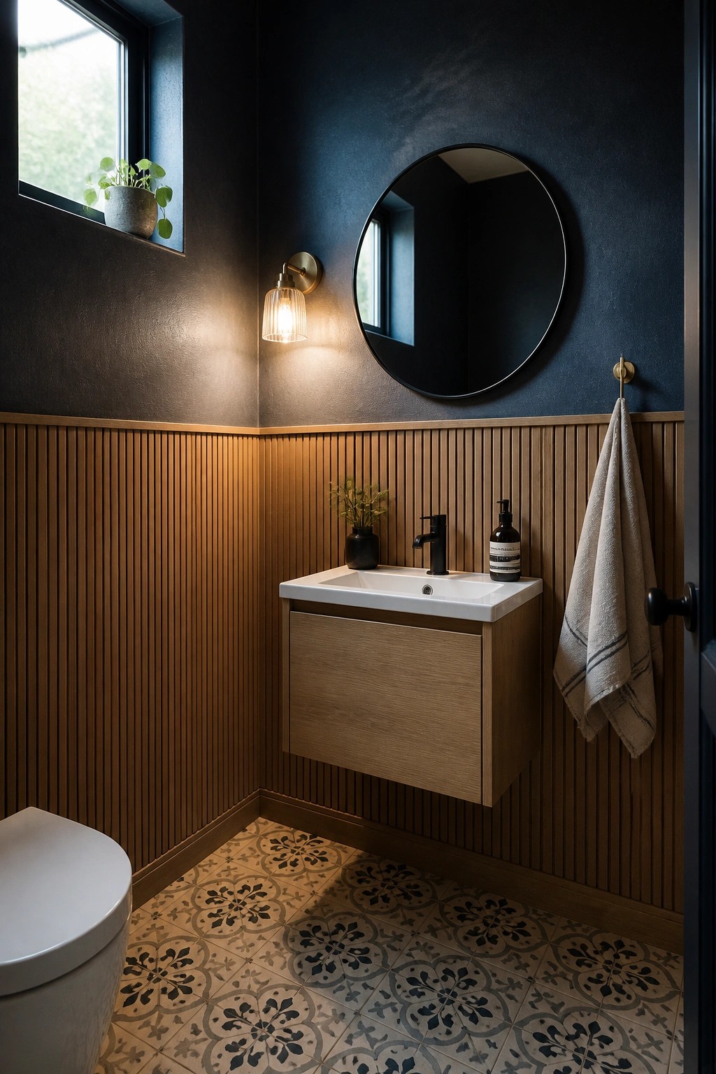 A bathroom with vertical wood cladding on the lower half of the walls, a floating white sink vanity, and a round mirror mounted on the dark painted upper wall.