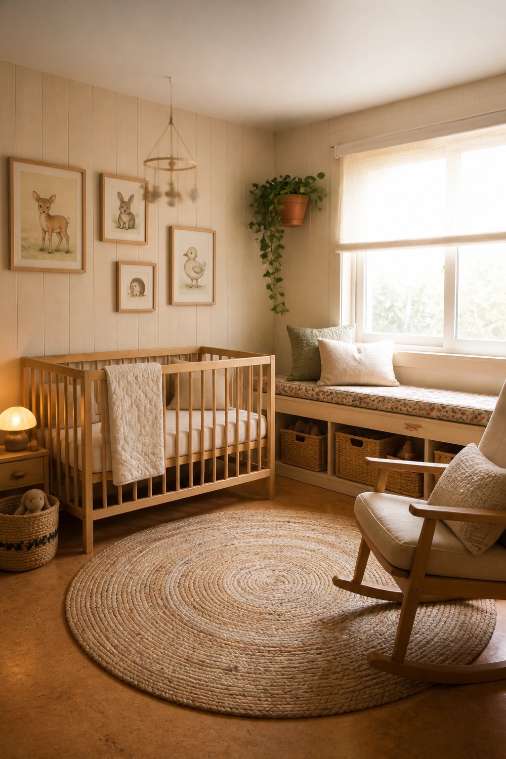 A bright nursery with vertical light wood wall cladding, a wooden crib, a round woven rug, and a window seat with pillows.