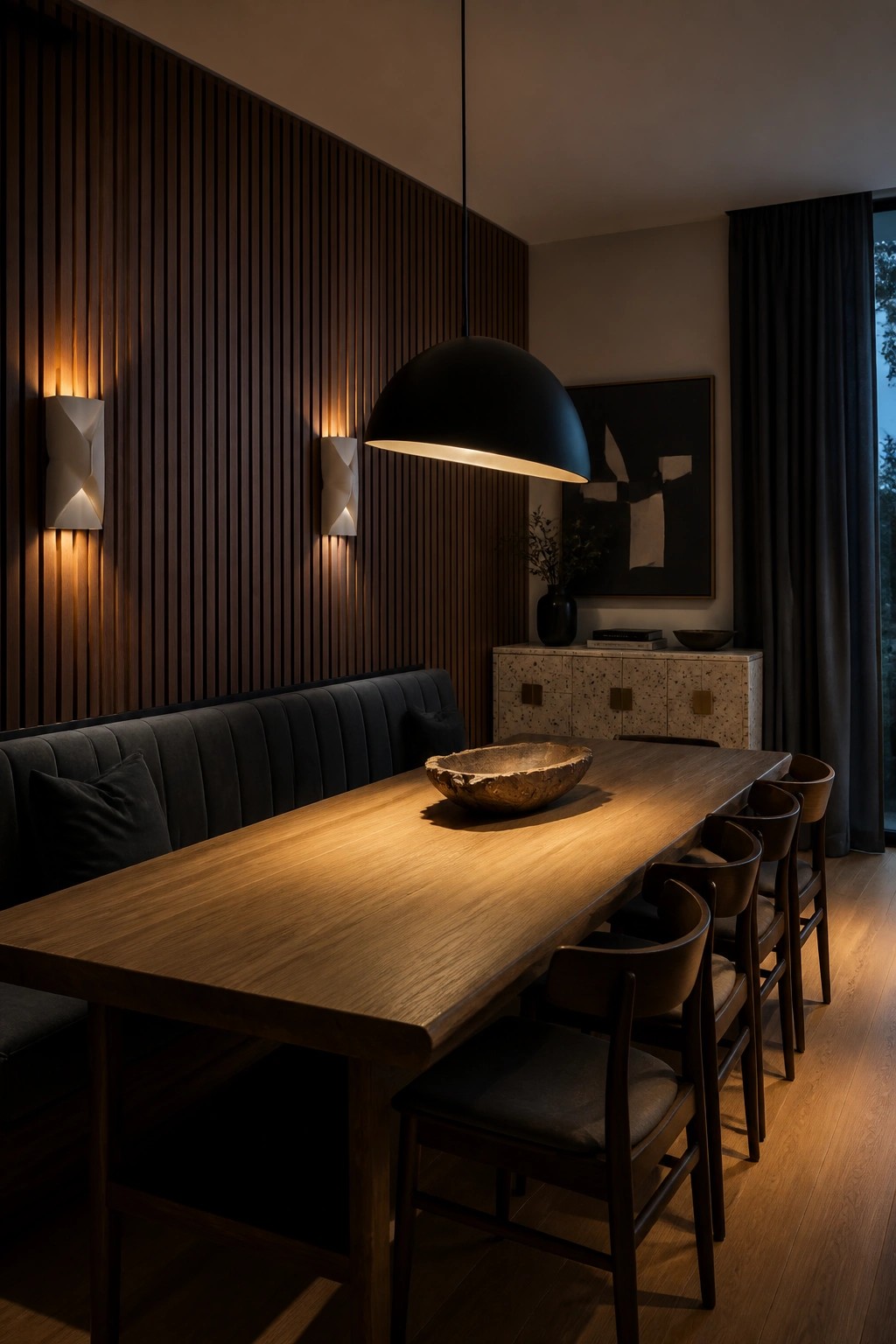 Interior view of a contemporary dining room featuring a long wooden table, a dark upholstered bench on one side, wooden chairs on the other, and a prominent wall of vertical wood cladding lit by wall sconces and a large black pendant light.